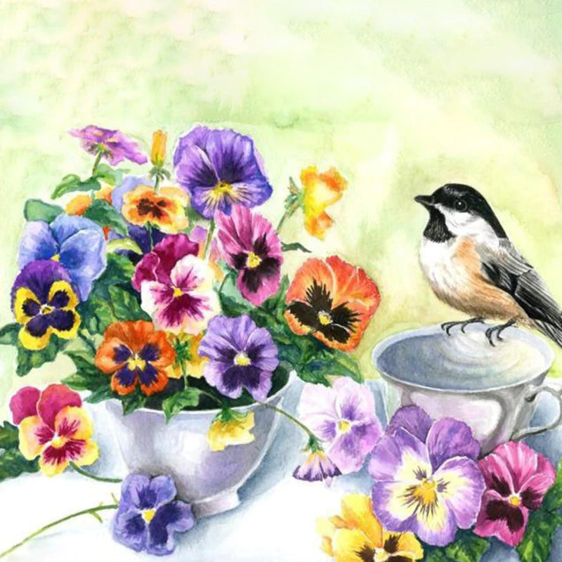 Bird With Pansy flowers Diamond Painting