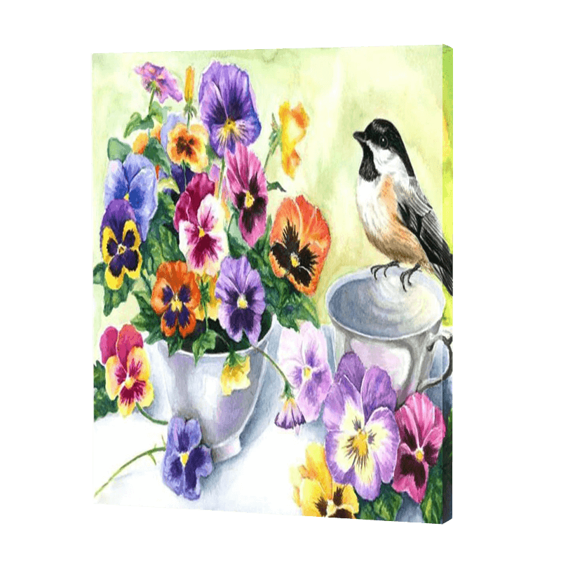 Bird With Pansy flowers | Diamond Painting