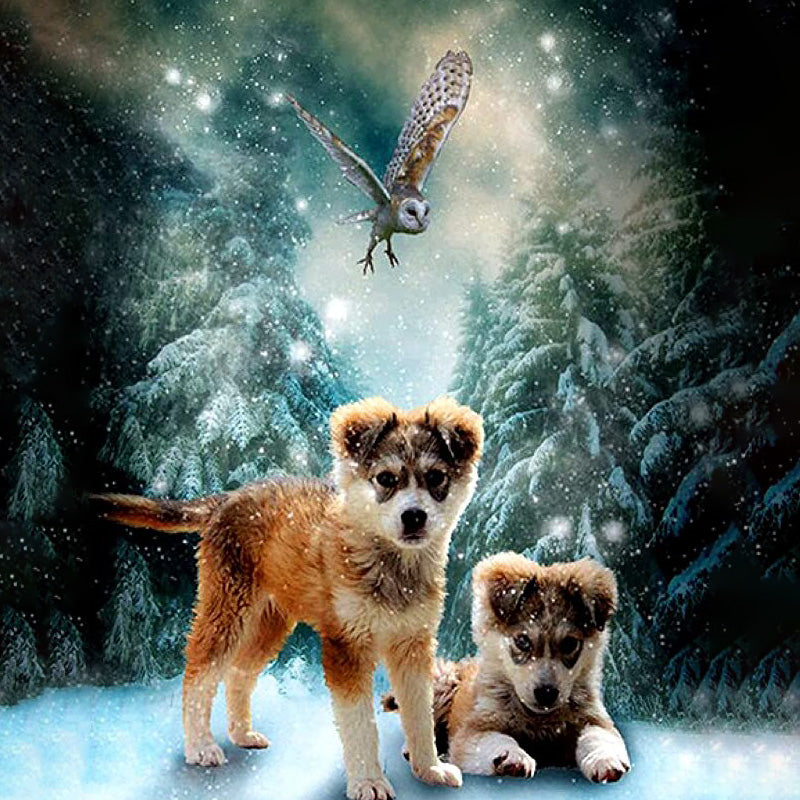 Puppies In A Snowy Night Diamond Painting